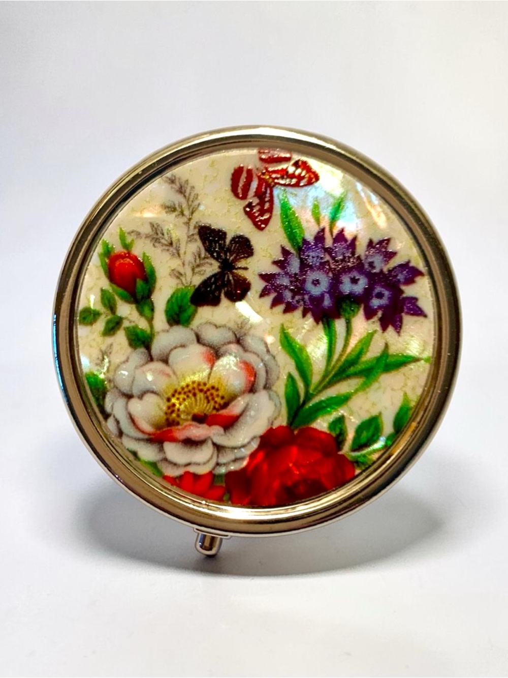 Source Unknown Floral Round Trinket Box – Red, White, Purple Accents